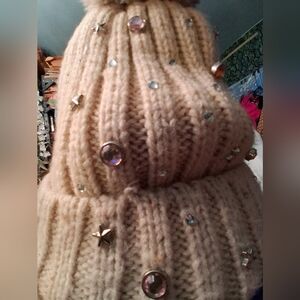 Embellished Knit Beanie with Pom Pom